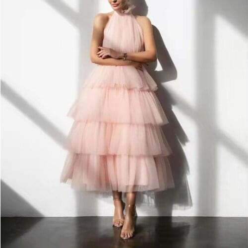 High Colar Party Long Prom Dresses Tull Ankle Length Sleeveless Sexy Girls Brand Pink Tutu Dress Puffy Multilayers Women Gown