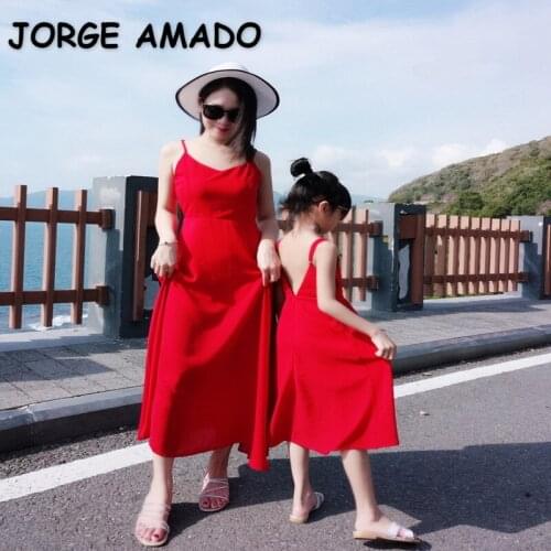 2021 New Summer Family Matching Dress Red Open V Back Sexy Holiday Beach Boho Sling Long Dress Mum Daughter Matches Suit E2291