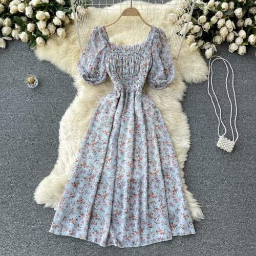 SINGREINY Women Chiffon Floral Dress Korean Puff Sleeve Square Collar Ruched A-line Dresses Summer Bohemian Print Beach Sundress