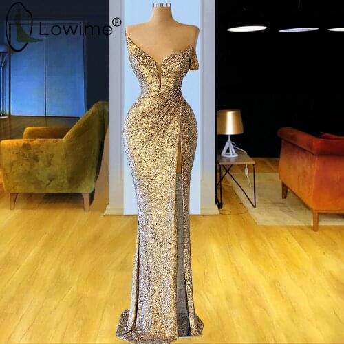 Sparkly Gold Long Mermaid Evening Dresses 2021 Sexy High Slit Wedding Party Gowns Formal Women Wear Robes