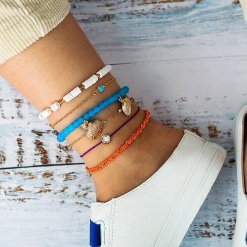 Tocona 6Pcs/set Bohemian Beach Shell Beaded Anklets for Women Boho female Bracelet on the Leg Sandal Ankle Jewelry 9088