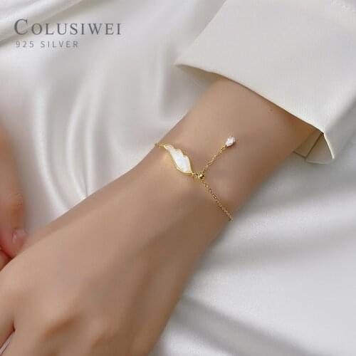 Colusiwei Real 925 Sterling Silver Cute White Shell Wings Beads Water Drop Shape Link Chain Bracelet for Women Girl Fine Jewelry