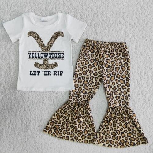 Children clothes leopard girl trousers white tee shirt yellow stone pattern RIP girl clothing wholesale toddle girl outfits