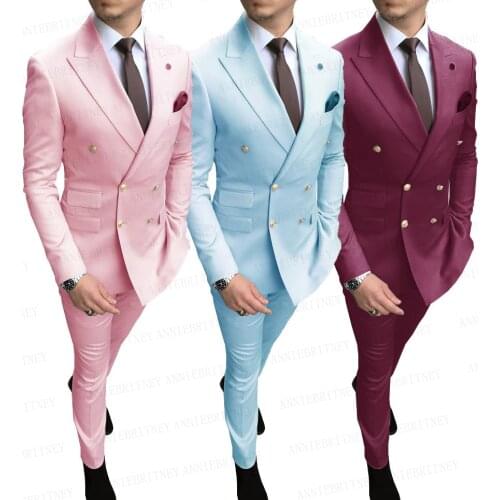 Classic Gold Buttons Men Suits Double Breasted Custom White Gentleman Tuxedo Pink Wedding Groom Dress Suit Blazer with Pants Set