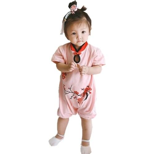 Chinese Retro Plum Pattern Infant Girls Clothes Chinese Red Cheongsam Style Rompers 0-18 Month Baby Girl Costume