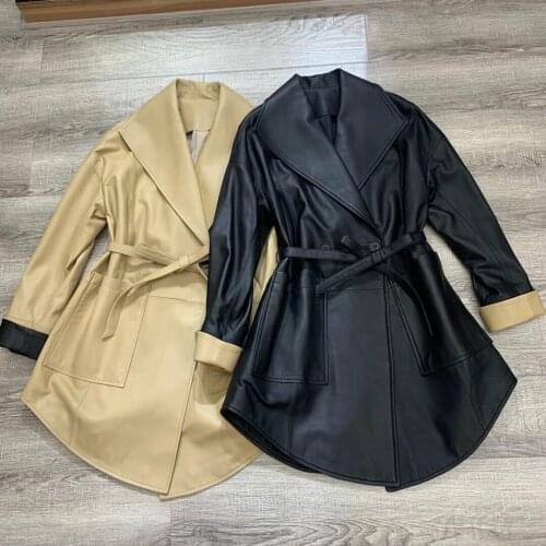 Leather Coat Women Soft Sheepskin Triangle Collar Windbreaker With Belt Female Slim Thin Mid Length Jacket Mujer Beige Long Saco