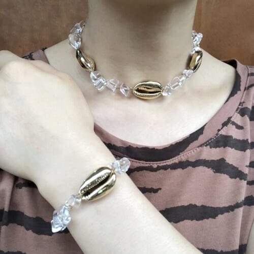 Trendy Bohemia Shell Necklace 3CM Big Size Shell Necklace Choker Natural Shell Gold Color Filled Clear Quartz Stone Jewelry Set