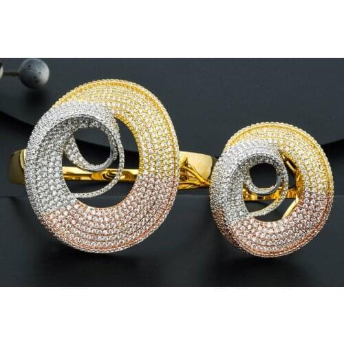 ModemAngel Screw Type Cubic Zircon Copper Bangle And Ring Set For Women Wedding Engagement Jewelry