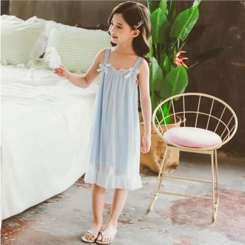 Girls Summer Night Dress Teenage Girl Blue Pink Bow Ruffles Long Nightgowns Kids Home Clothes For Girl Children Sleepwear Dress