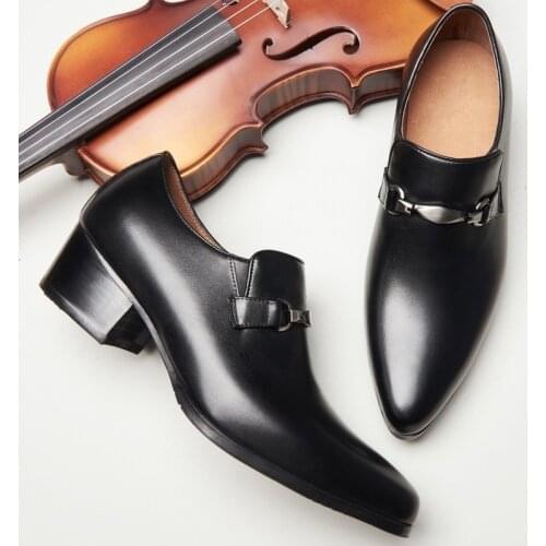 High Heel Shoes Men Genuine Leather Breathable Pointed Formal Shoes Loafers England Style Top Quality Black Office Footwear