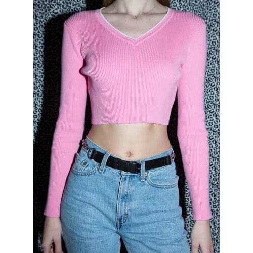 Fall 2020 crop top sweater kawaii cute sweaters knitted sweater pink pullover cropped sweaters vintage sexy tops for women