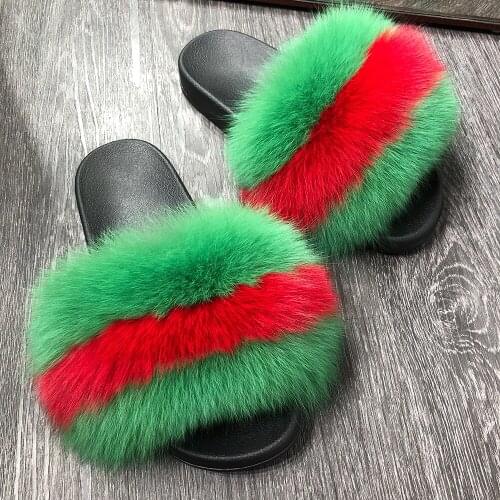 YOLOAgain Natural Raccoon Fur Fluffy Slides Women Real Fox Fur Slippers