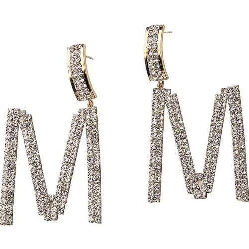 M Letter Earrings Long Paragraph Simple Fashion Rhinestones Pearl Earrings Gold&Silver Earring Gift For Woman