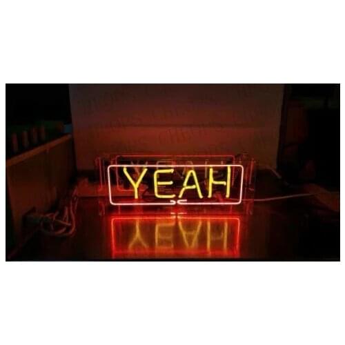 Yeah Yellow Neon Signs Real Glass Tube Acrylic Box Gift Beer Bar Pub Bedroom Wall Homeroom Girlsroom Party Decor Lamp 14"x5"