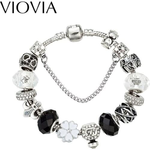 VIOVIA Fine Flower Charm Bracelets perfume bottle for Women White Black Crystal Beads Bracelets & Bangles Jewelry Gift B16122