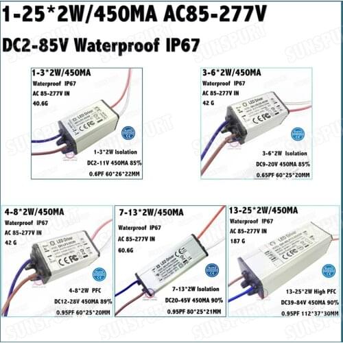 Waterproof IP PFC 1-36W AC85-277V LED Driver 1-3x2W 3-6x2W 4-8x2W 7-13x2W 13-25x2W 450mA DC2-85V Constant Current Free Shipping