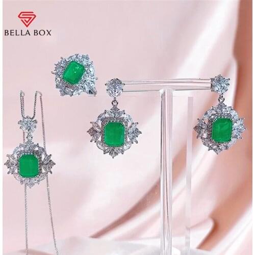 Bella Box Green Emerald Jewelry Set For Women 925 Sterling Silver 10*14mm Earrings Rings Necklace Rectangle Anniversary Jewelry