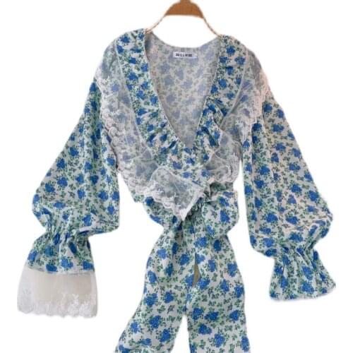 Ladies Autumn Fashion Temperament V-neck Lace Stitching Bandage Floral Chiffon Shirt Short Top