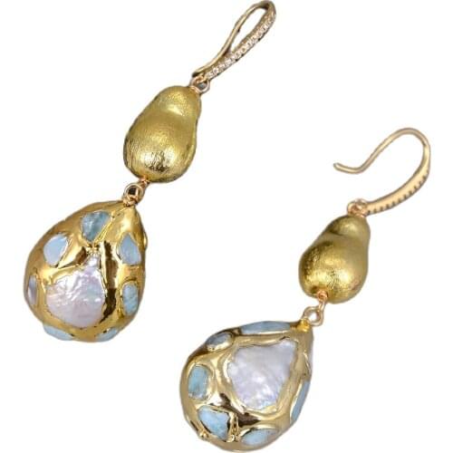 GG Jewelry Natural Cultured White Pearl Teardrop Shape Blue larimars Pave Brushed Bead Dangle Hook Earrings For Women