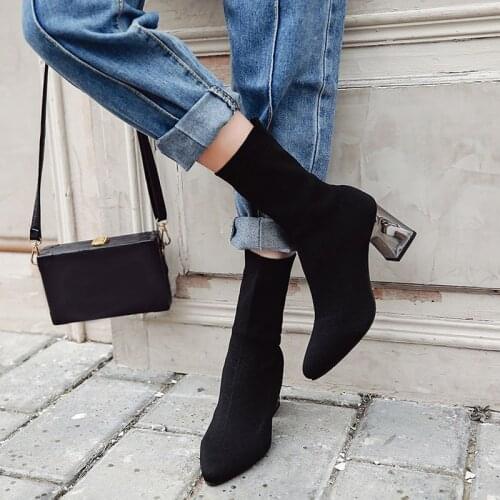 Women Sock Boots Knitted High Heels Autumn Female Pumps Pointed Toe Slip On Fashion Ladies Footwear Elegant 2021 Plus Size Solid