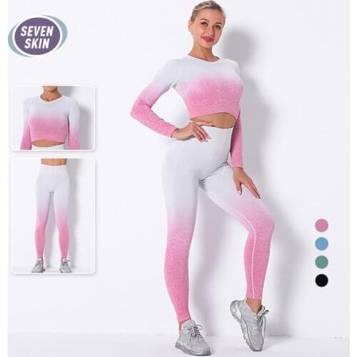 SEVEN SKIN Ombre Women Seamless Yoga Set Long Sleeve Crop Top Gym Fitness Sportswear Elastic Pants High Waist Leggings Yoga Suit