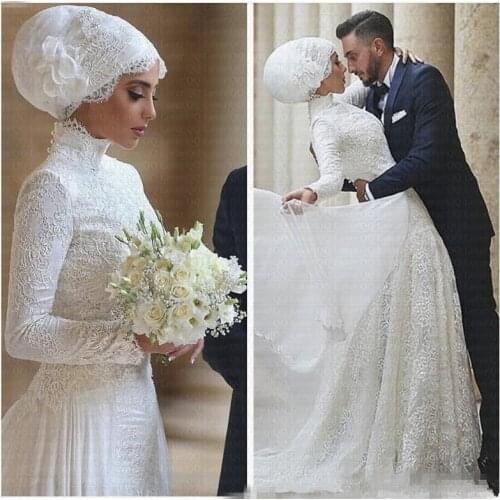 2020 Modest Arabic Dubai Lace Wedding Dresses High Neck Long Sleeves Muslim Wedding Dress Vestido De Noiva