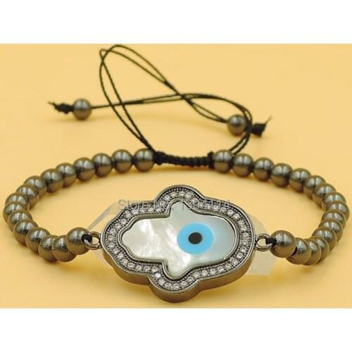 26x20x3mm Micro Pave Clear CZ Crystal Palm Shell Eye Connector With 4mm Round Loose Beads Braiding Macrame Adjustable Bracelet