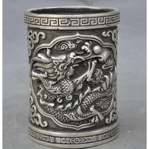 Decoration bronze factory outlets Tibet Silver Marked Old Chinese Silver Dragon Play Bead Lucky Statue Brush Pot pencil vase