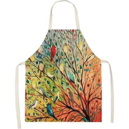 Color Forest bird Pattern Cleaning Art Aprons Home Cooking Kitchen Apron Cook Wear Cotton Linen Adult Bibs baking accessories