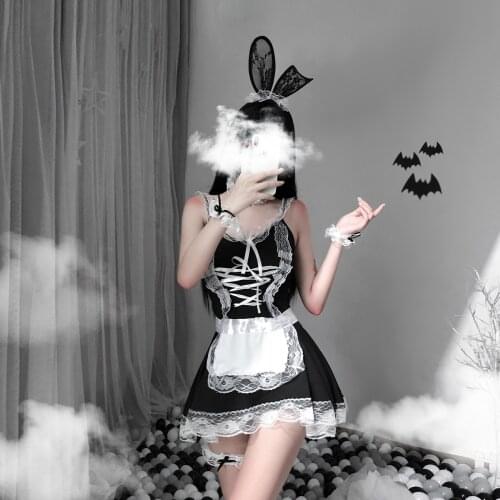 Lolita Cute Lace Up Black White Maid Dress Role Play Sexy Costume Lingerie Cosplay Anime Uniform Suit French Apron Maid Dresses