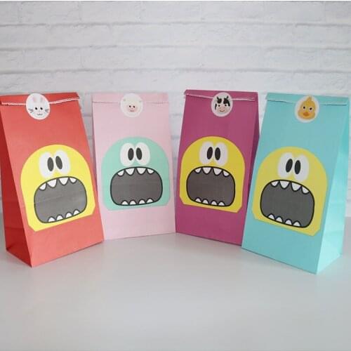 Mix colros Monster Paper Food Bags Kraft Popcorn Box Packaging Bag Birthday Party Favors Cookie Bag for Kids 40pcs/lot