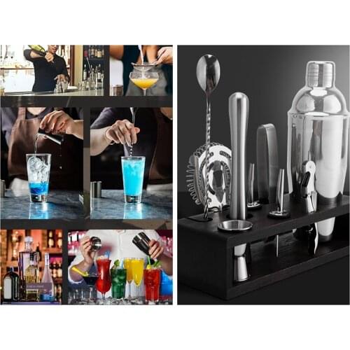 Pack of 10 Stainless Steel Coocktaik Martini Shaker Bamboo Stand Tool Set f/ Bar
