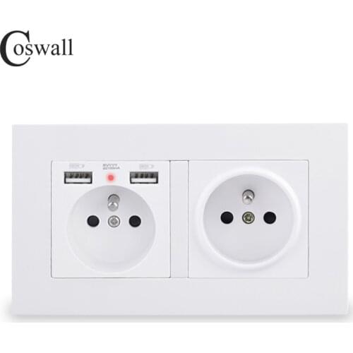 COSWALL 2 Gang French Standard Wall Socket With 2 USB Charge Port Hidden Soft LED Indicator PC Panel Black White Grey Gold