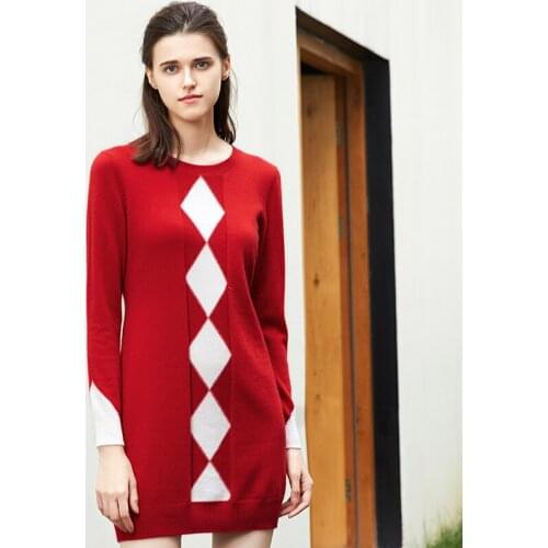 ZHILI 2018 New Autumn Crew Neck With Argyle Cashmere Swweater Dress
