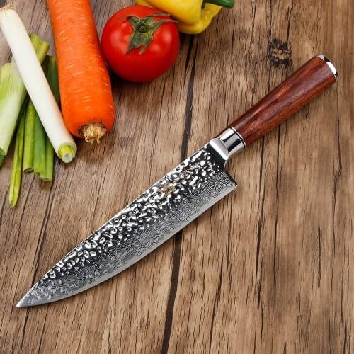 BIGSUNNY Hammered Chef Knife - Super Damascus Steel - 8 Inch Slicing Knife - Rose wood Handle