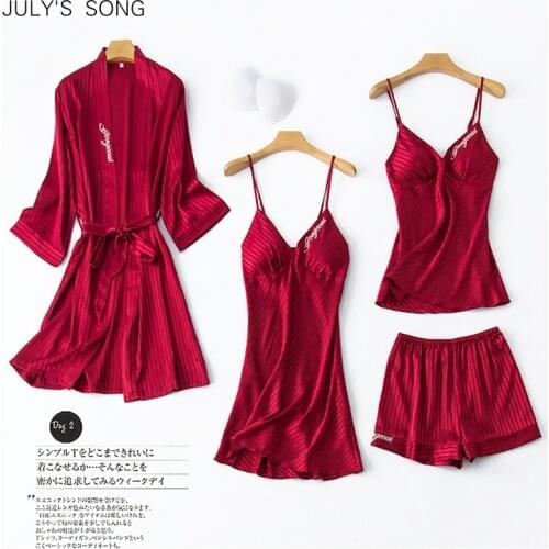 JULYS SONG Womens Pajamas Stain Silk Elegant Sleepwear Embroidery Nightwear Pajamas Sets Sexy Dress Ladies Shorts Homewear