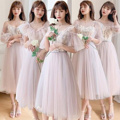 Bridesmaids Dresses Spaghetti Straps V-Neck A-Line Bow Pink Embroidery Lace Tulle Off The Shoulder Women Wedding Party Gown E189