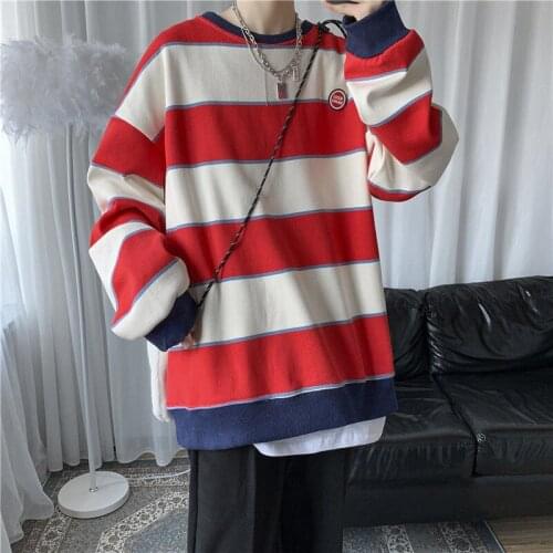 2021 Spring Long Sleeve Lovers Striped Korean Fashion Round Neck Top Fleece Loose College Cotton The New Listing Trend