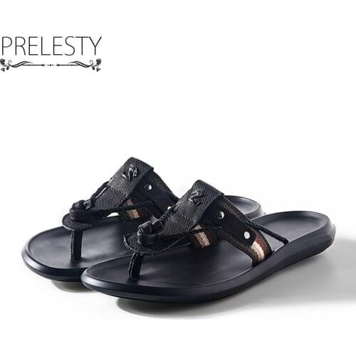 Prelesty Men Flip Flops Top Quality Material Genuine Cow Leather PU Sole Beach Summer Holiday Outdoor Slipper Dropshipping