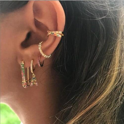 Rainbow colorful cz safety pin earring delicate trendy jewelry for women lady gift Gold color multi piercing earring for girls