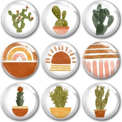 Handmade Watercolor Cactus Desert Plant Flower Round Photo Glass Cabochons Demo Flat Back DIY Jewelry Making Findings Accessory
