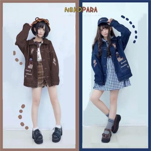 Biscuit Bear Embroidery Cute Womens Jeans Jacket Fall Outwear with Pockets Open Back Ribbon Tie 2018 Autumn Fashion 2 Colors