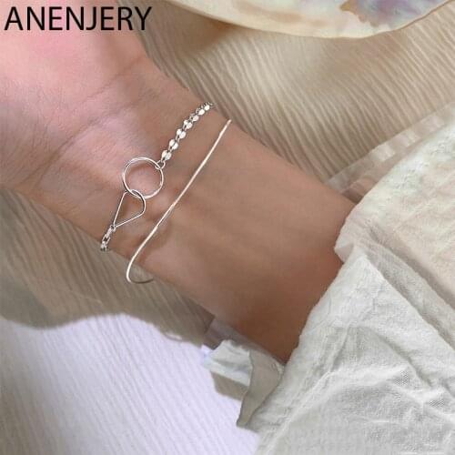ANENJERY 925 Sterling Silver Interlock Circle Geometric Bracelet for Women Asymmetric Snake Chain Bracelet Daily Jewelry S-B439
