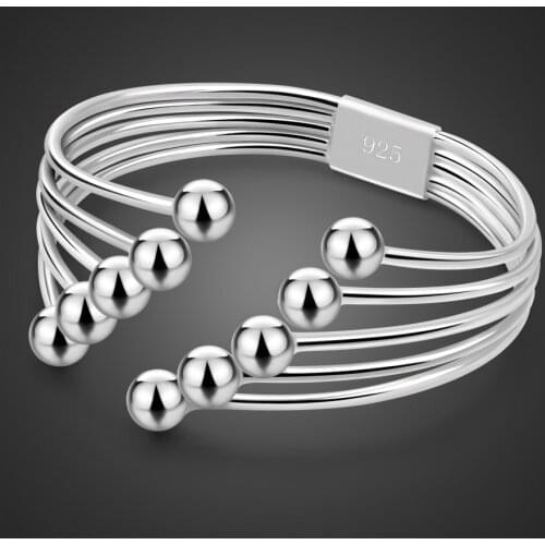 New Womens 925 sterling silver bracelet Elegant multi-layered bead design Open bracelet Solid silver bracelet female jewelry