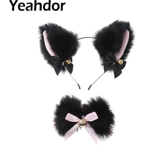 Women Plush Cat Ears Hair Hoop Bowknot Bell Choker Collar Sets Lolitas Maid Role Play Costumes Clubwear Cosplay Accessories