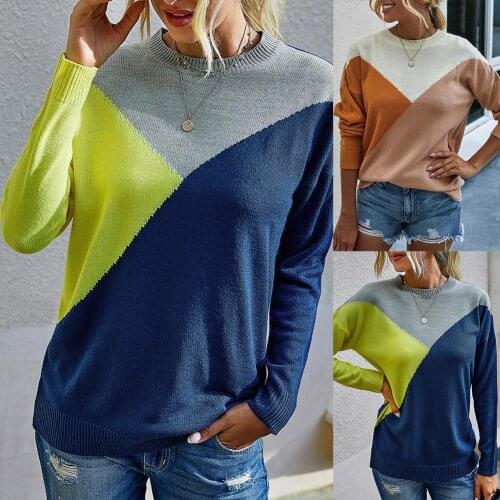 Ele-Choices Women Autumn Winter Long Sleeve O Neck Knit Sweater Color Block Jumper Pullover