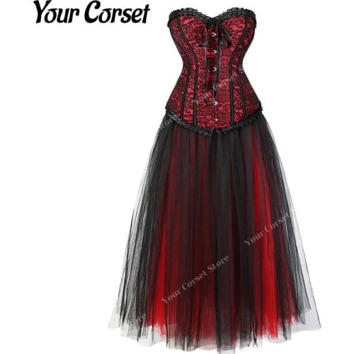 Red Victorian Corset Dress with Skirt Vintage Lace Dress with Corset Top Plus Size Bustier Dresses Party Dress Suits for Women