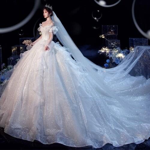 2021Temperament Main Wedding Dress Sen Is The New Small Bride Big Drag Tail Super Fairy Star Sky Shoulder Dreamy