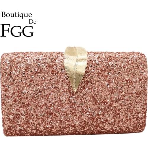 Boutique De FGG Pink Glitter Women Clutches Evening Bags Leaf Clasp Ladies Fashion Chain Shoulder Crossbody Handbags and Purses