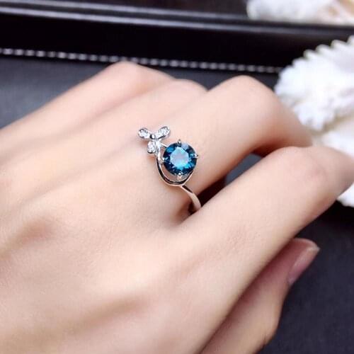 Elegant round cute Clover flower Natural blue topaz gem Ring S925 Silver Natural Gemstone Ring Womens girl party gift Jewelry